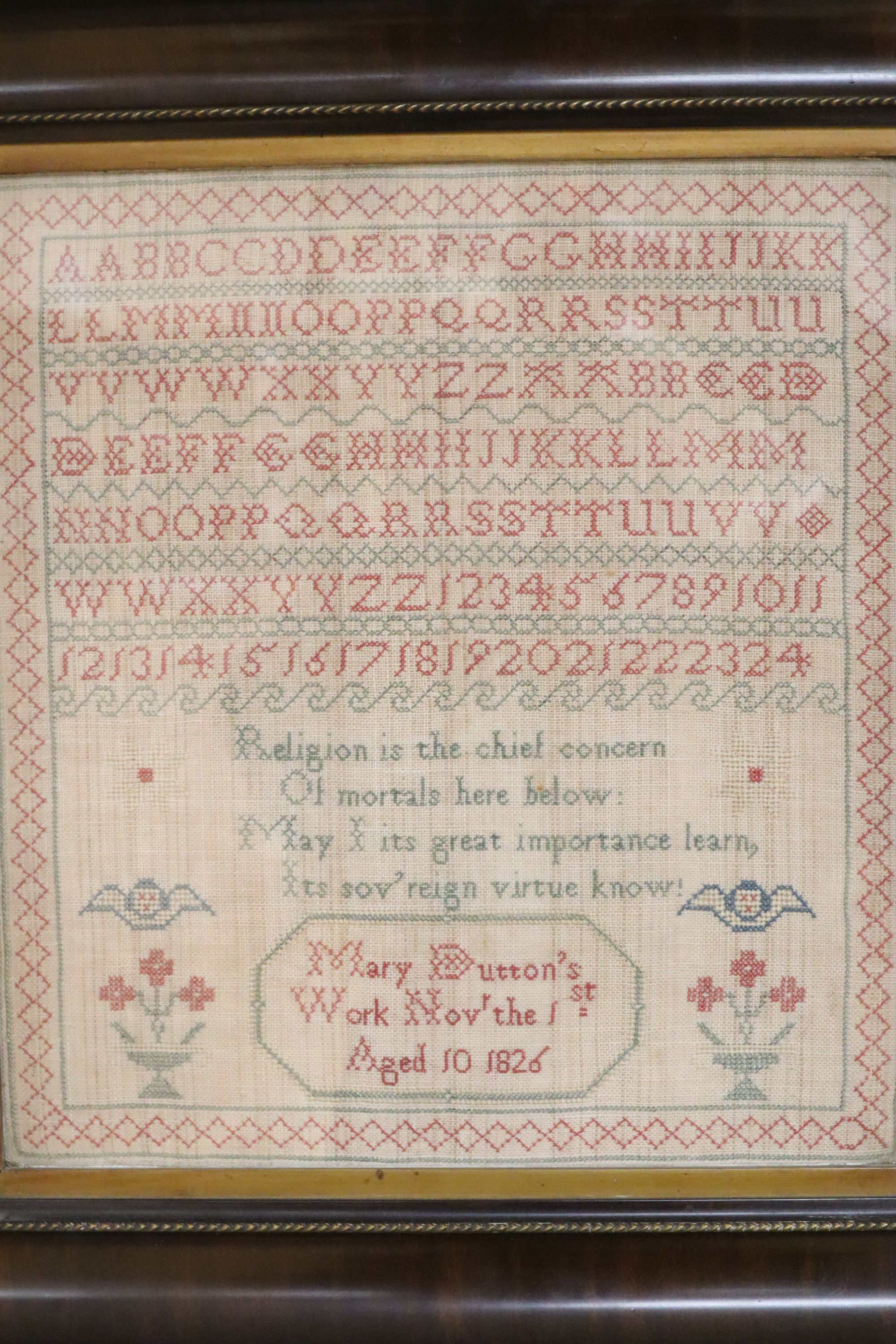 A George IV sampler dated 1826 and a Victorian sampler, largest 49 x 46cm